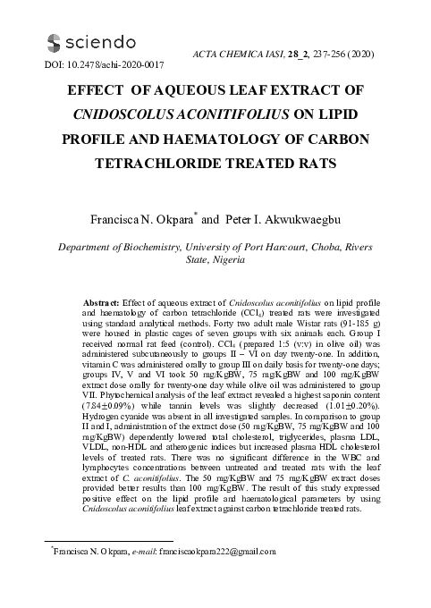 (PDF) Effect of Aqueous Leaf Extract of Cnidoscolus Aconitifolius on ...