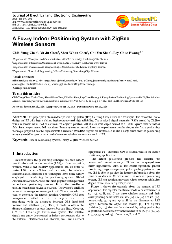 (PDF) A Fuzzy Indoor Positioning System with ZigBee Wireless Sensors