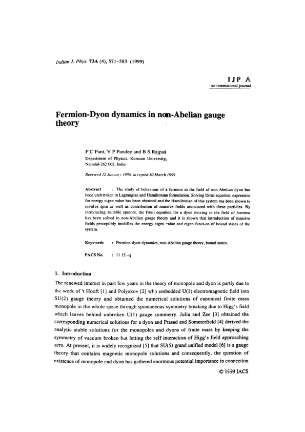 (PDF) Fermion-Dyon Dynamics in Non-Abelian Gauge Theory | Balwant Singh ...