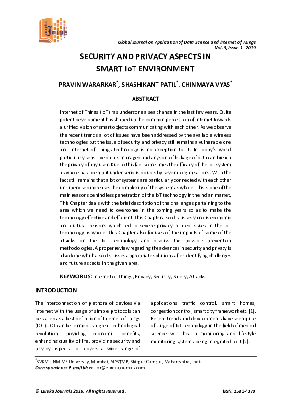 (PDF) SECURITY AND PRIVACY ASPECTS IN SMART IoT ENVIRONMENT