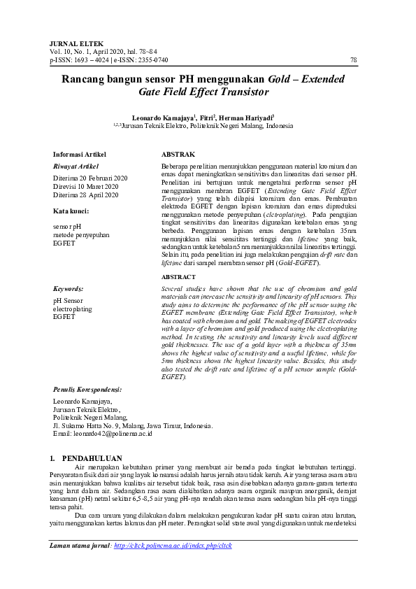 (PDF) Rancang bangun sensor PH menggunakan gold – extended gate field