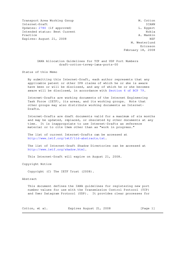 (PDF) IANA Allocation Guidelines for TCP and UDP Port Numbers