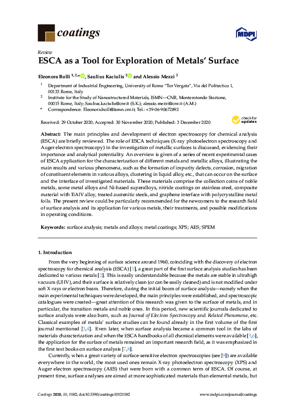 (PDF) ESCA as a Tool for Exploration of Metals’ Surface