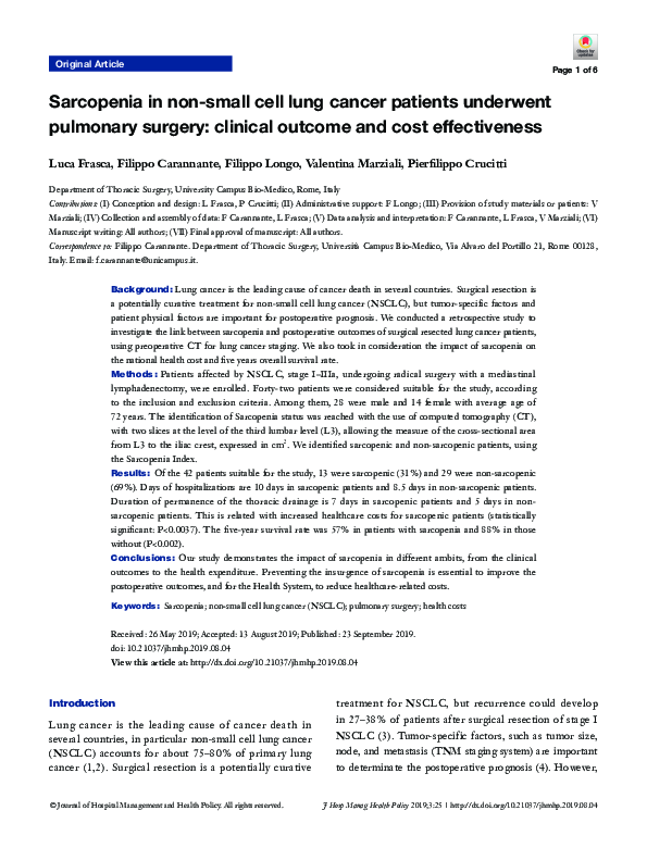 (PDF) Sarcopenia in nonsmall cell lung cancer patients underwent