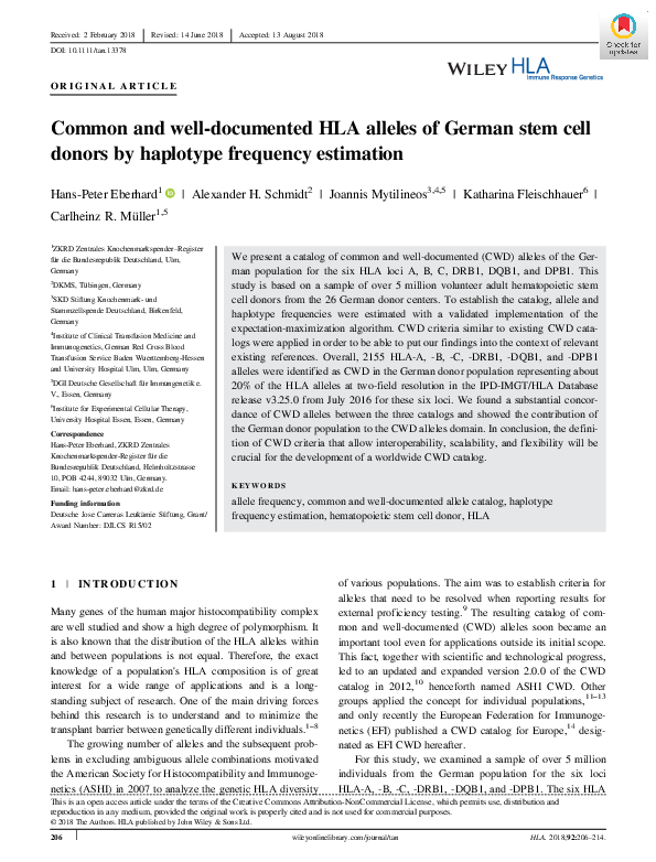 (PDF) Common and well-documented HLA alleles of German stem cell donors ...