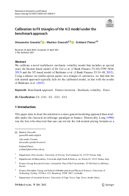 (PDF) Calibration to FX triangles of the 4/2 model under the benchmark ...