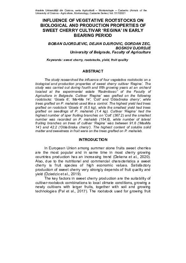 (PDF) Influence of Vegetative Rootstocks on Biological and Production ...