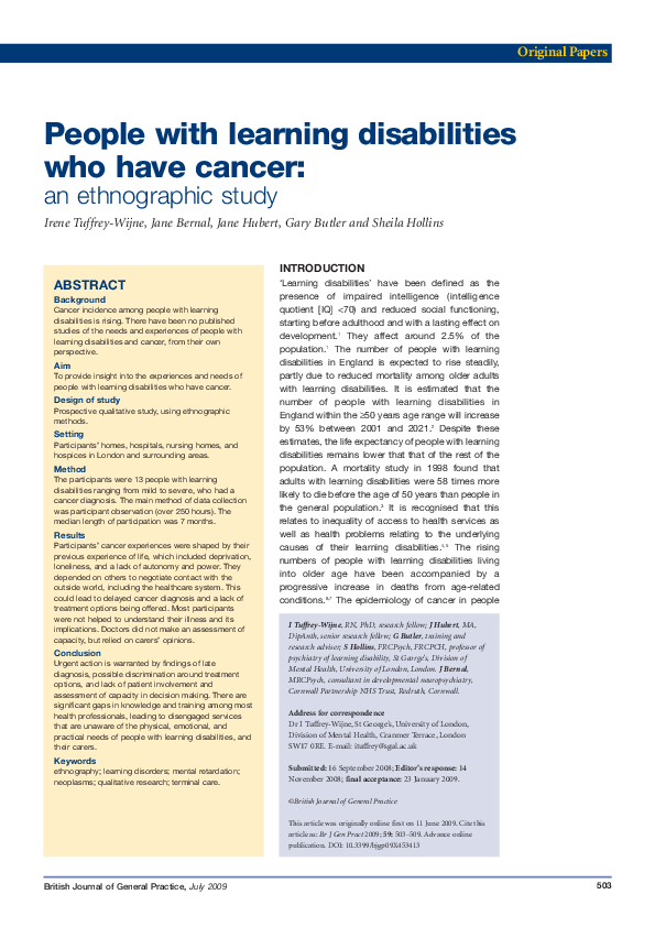 (PDF) People with learning disabilities who have cancer: an ...
