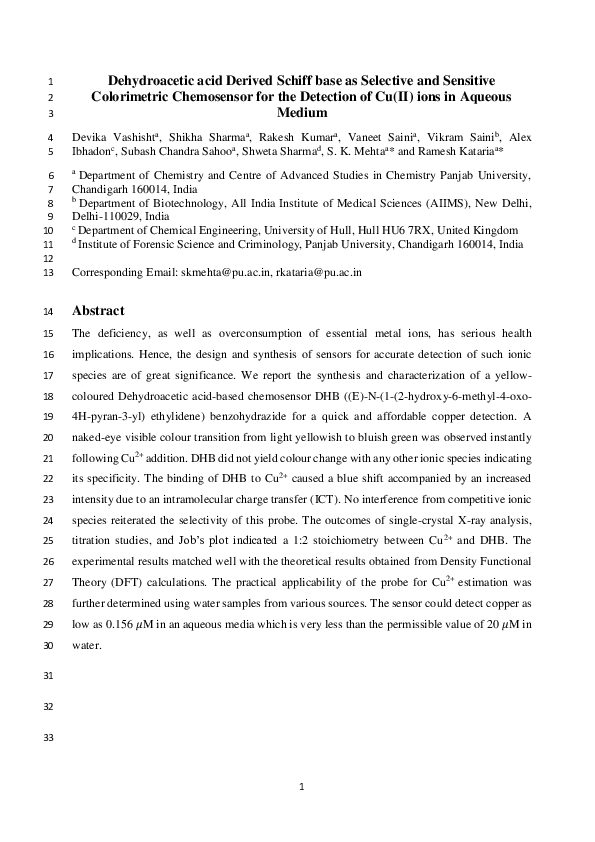 (PDF) Dehydroacetic acid derived Schiff base as selective and sensitive ...