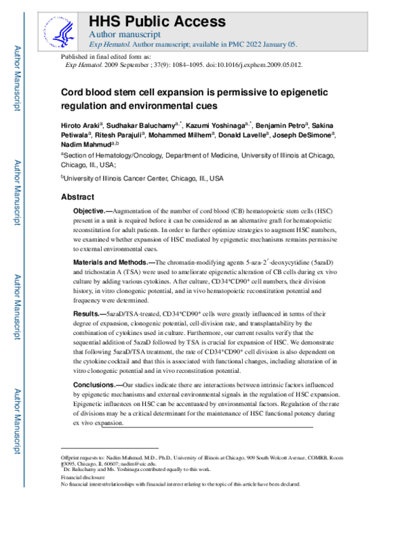 (PDF) Cord blood stem cell expansion is permissive to epigenetic ...