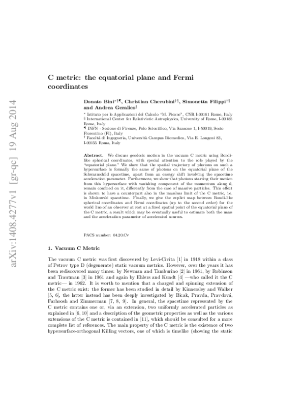 (PDF) C metric: the equatorial plane and Fermi coordinates
