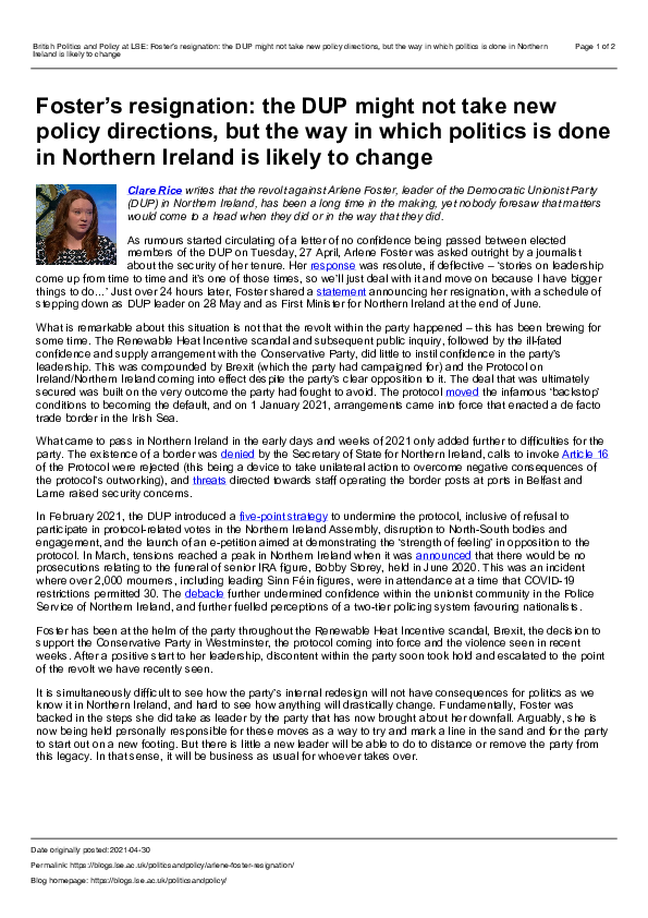 (PDF) Foster’s resignation: the DUP might not take new policy ...