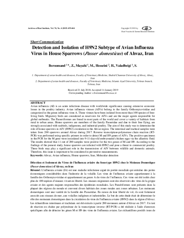 (PDF) Detection and Isolation of H9N2 Subtype of Avian Influenza Virus ...