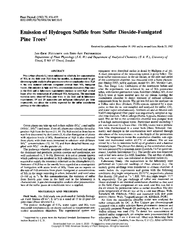 (PDF) Emission of Hydrogen Sulfide from Sulfur Dioxide-Fumigated Pine Trees