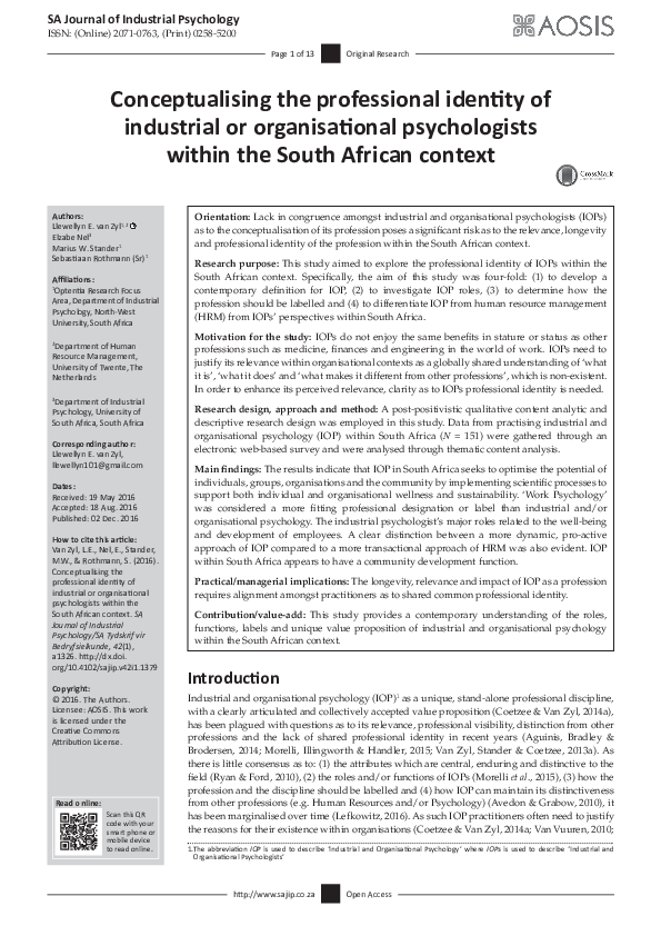 (PDF) Conceptualising the professional identity of industrial or ...