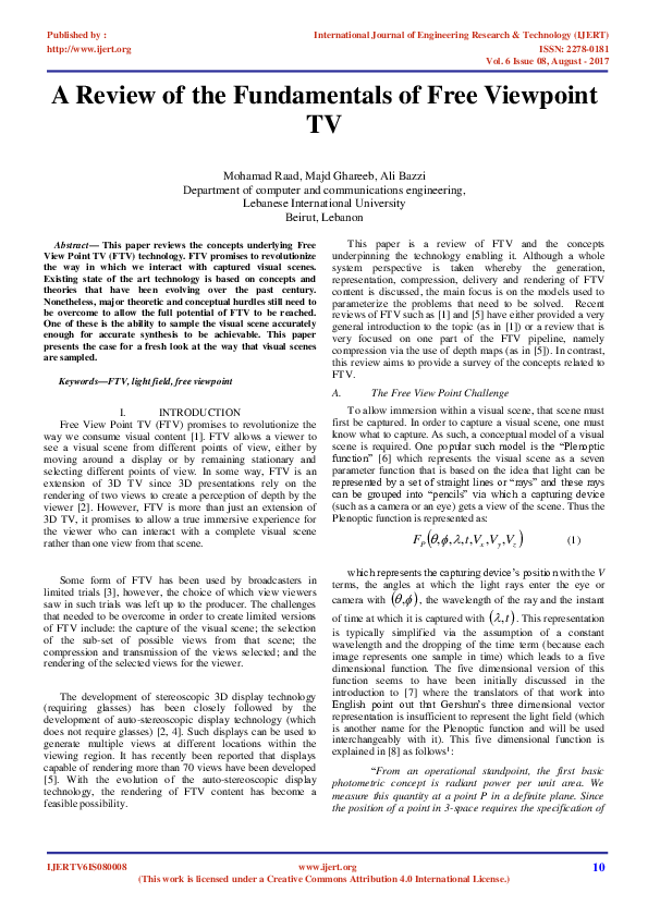 (PDF) A Review of the Fundamentals of Free Viewpoint TV