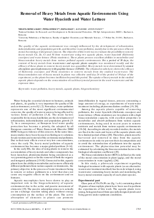 (PDF) Removal of Heavy Metals from Aquatic Environments Using Water ...