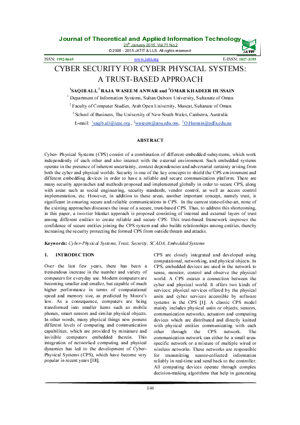 (PDF) Cyber Security for Cyber Physcial Systems: A Trust-Based Approach