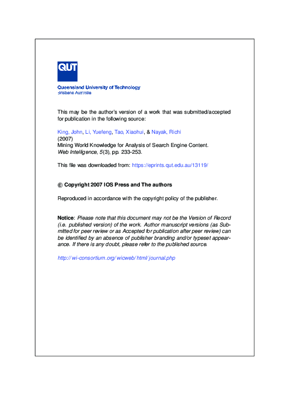 (PDF) Mining world knowledge for analysis of search engine content