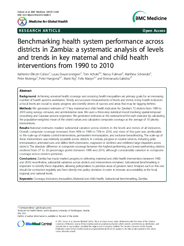 (PDF) Benchmarking health system performance across districts in Zambia ...