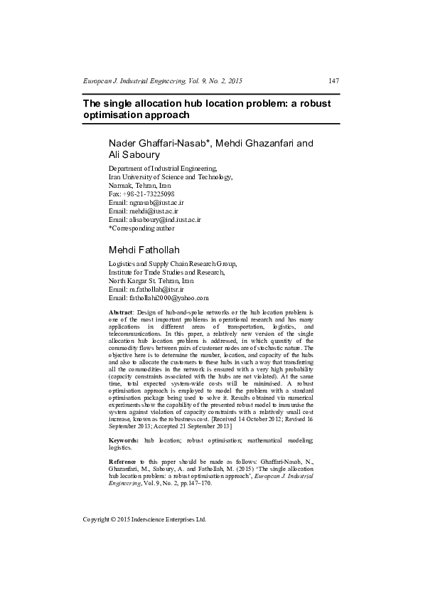 (PDF) The single allocation hub location problem: a robust optimisation ...