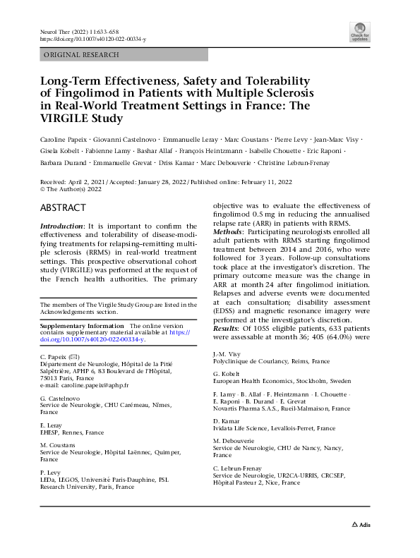 (PDF) Long-Term Effectiveness, Safety and Tolerability of Fingolimod in ...