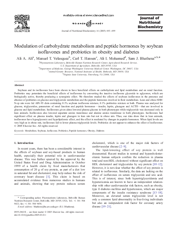 Modulation of carbohydrate metabolism and peptide hormones by soybean isoflavones and probiotics in obesity and diabetes