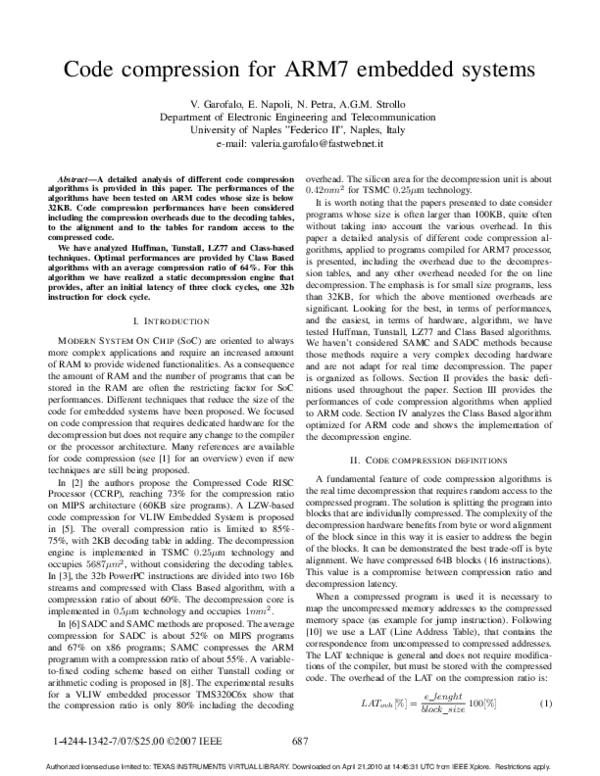 (PDF) Code compression for ARM7 embedded systems