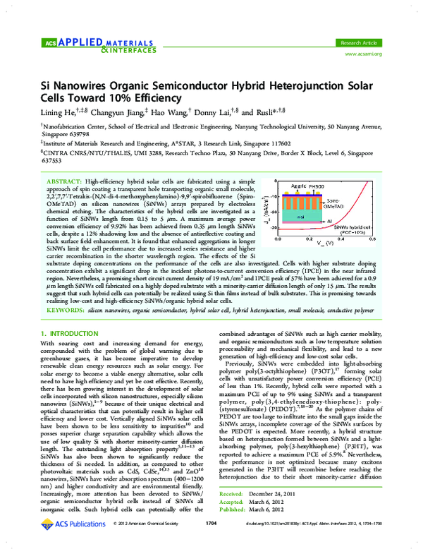 (PDF) Si Nanowires Organic Semiconductor Hybrid Heterojunction Solar ...