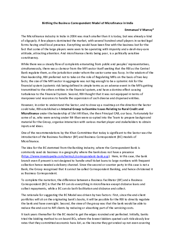 Pdf Birthing The Business Correspondent Model Of Microfinance In India