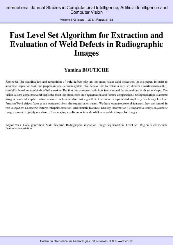 (PDF) Fast Level Set Algorithm for Extraction and Evaluation of Weld