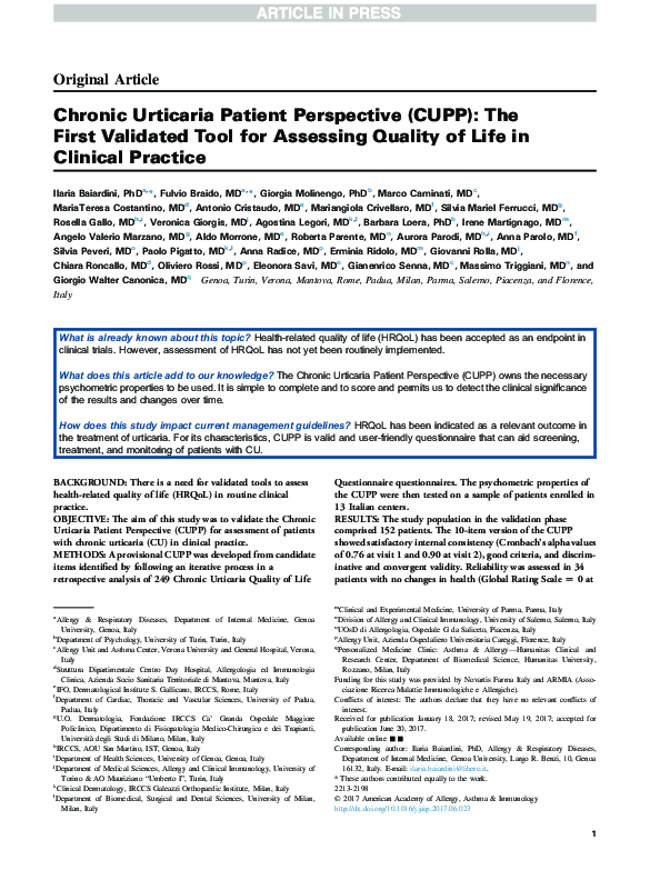 (PDF) Chronic Urticaria Patient Perspective (CUPP) The First Validated