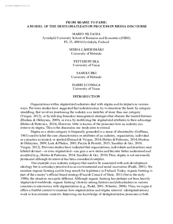 (PDF) From Shame to Fame: A Model of the Destigmatization Process in ...
