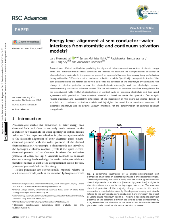 (PDF) Energy level alignment at semiconductor–water interfaces from ...