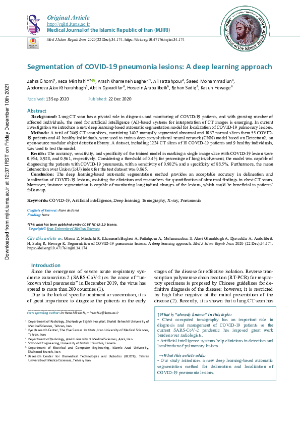 (PDF) Segmentation of COVID-19 pneumonia lesions: A deep learning approach