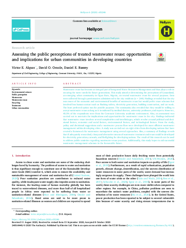 (PDF) Assessing the public perceptions of treated wastewater reuse ...
