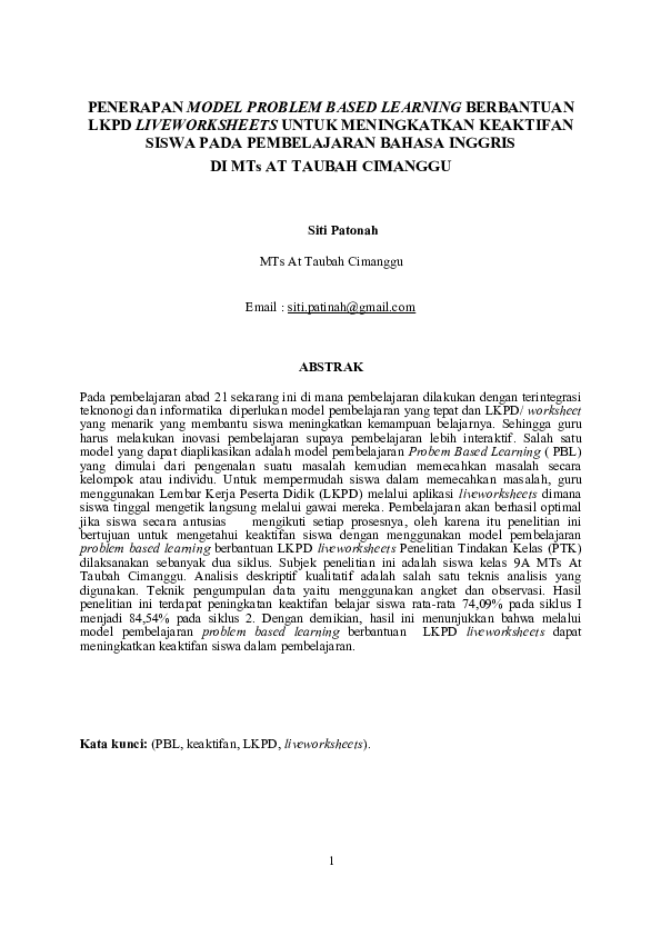 (DOC) PENERAPAN MODEL PROBLEM BASED LEARNING BERBANTUAN LKPD ...
