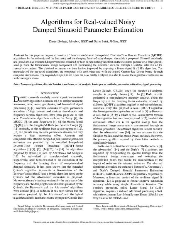 (PDF) Algorithms for Real-valued Noisy Damped Sinusoid Parameter Estimation