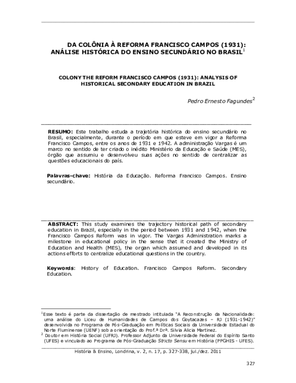 (PDF) Da colônia à reforma Francisco Campos (1931): análise histórica ...