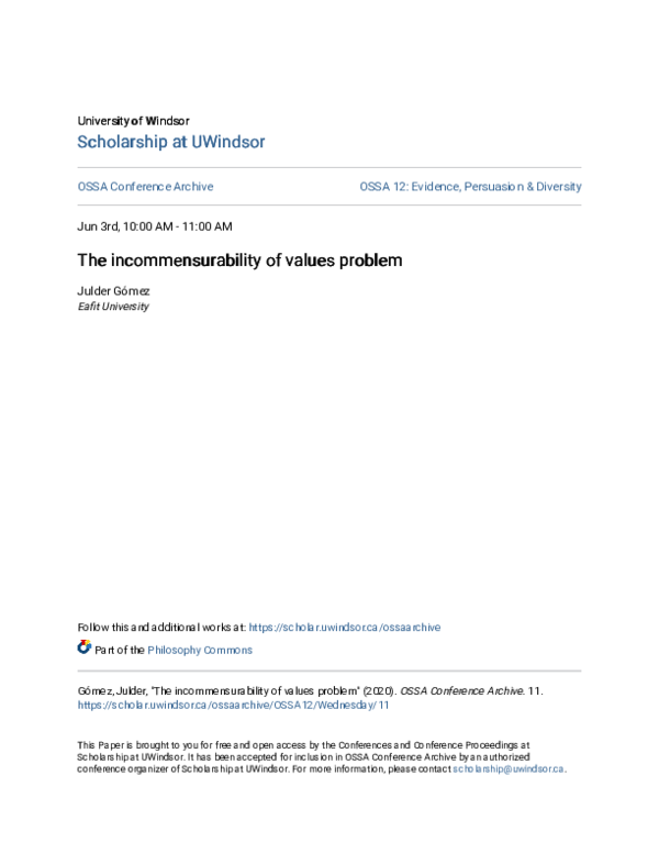(PDF) The incommensurability of values problem