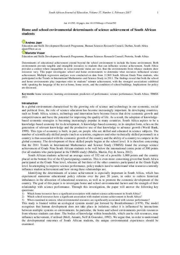 (PDF) Home and school environmental determinants of science achievement ...