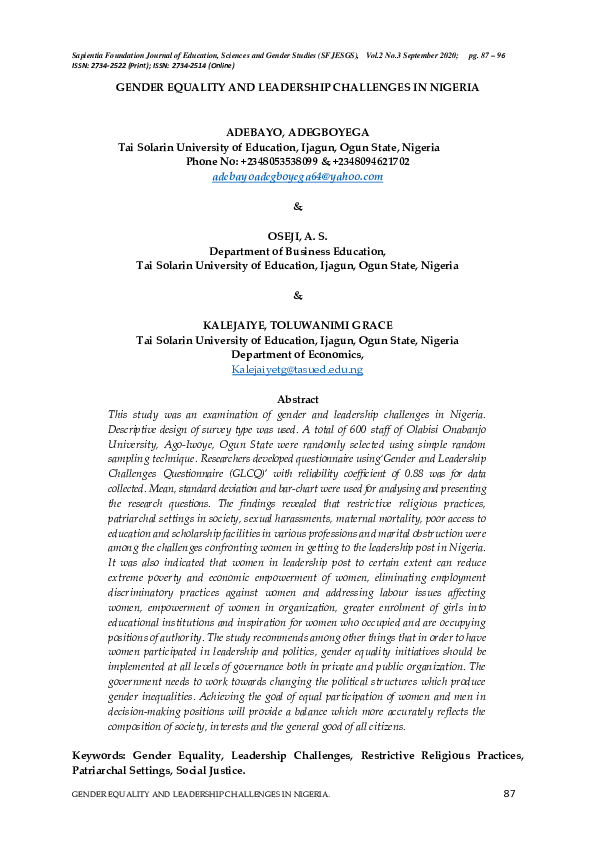 (PDF) Gender Equality and Leadership Challenges in Nigeria