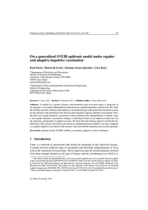 (PDF) On a generalized SVEIR epidemic model under regular and adaptive ...