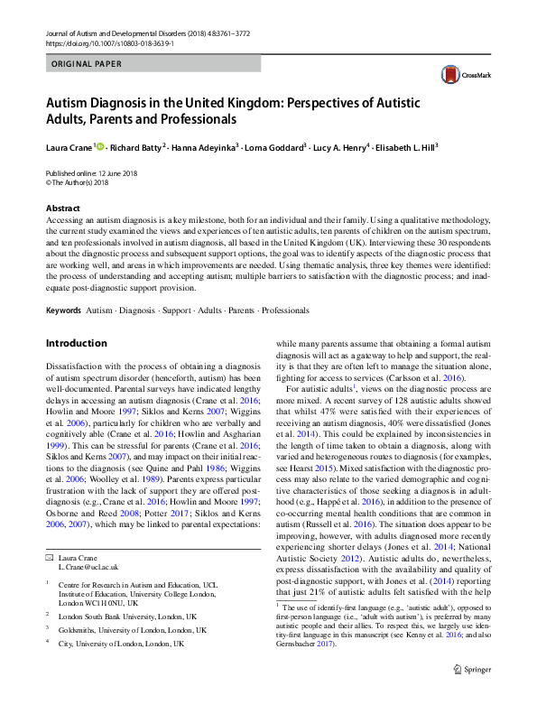 (PDF) Autism Diagnosis in the United Kingdom: Perspectives of Autistic ...