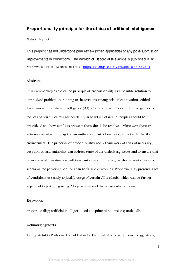 (PDF) Proportionality principle for the ethics of artificial intelligence
