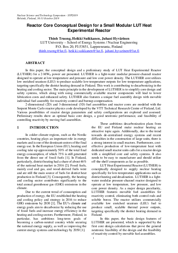 (PDF) Reactor Core Conceptual Design for a Small Modular LUT Heat