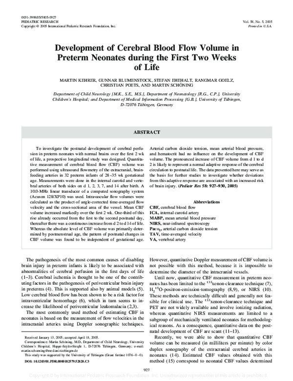 (PDF) Development of Cerebral Blood Flow Volume in Preterm Neonates ...