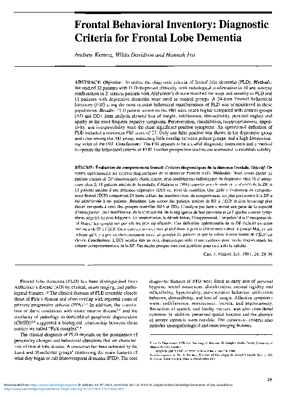 (PDF) Frontal Behavioral Inventory: Diagnostic Criteria for Frontal ...