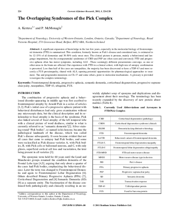 (PDF) The Overlapping Syndromes of the Pick Complex Andrew Kertesz