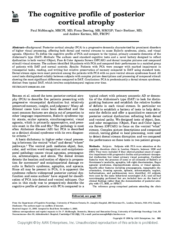 (PDF) The cognitive profile of posterior cortical atrophy